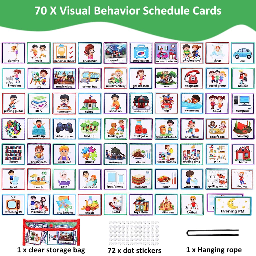 PATPAT® Flash Cards for Kids Visual Schedule for Kids with Autism Wall Hanging Schedule Board Desk Daily Routine Chart with 70 Cards Montessori Toys for 3+ Year Old Kids Wall Planner for School-Green