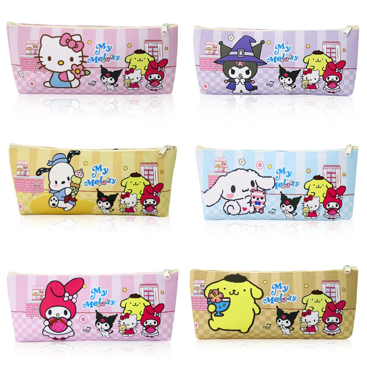 Zibuyu Pencil Pouches for Kids Birthday Return Gifts 6Pcs with Cartoon Prints and PU Build