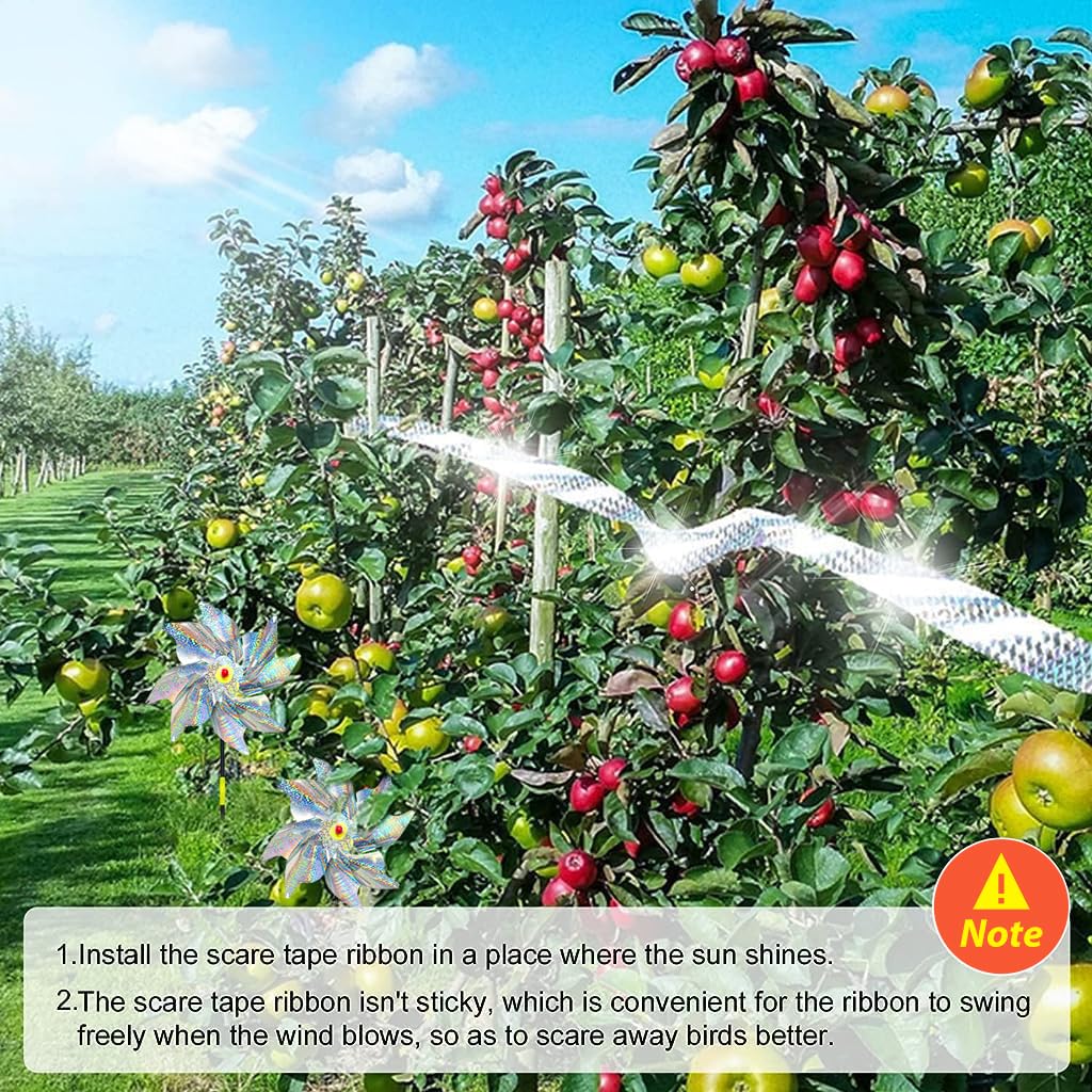 HASTHIP Bird Repellent Set for Gardens with 2.4cm x 80m Reflective Belt and Silver Pinwheels | Weatherproof PET Design