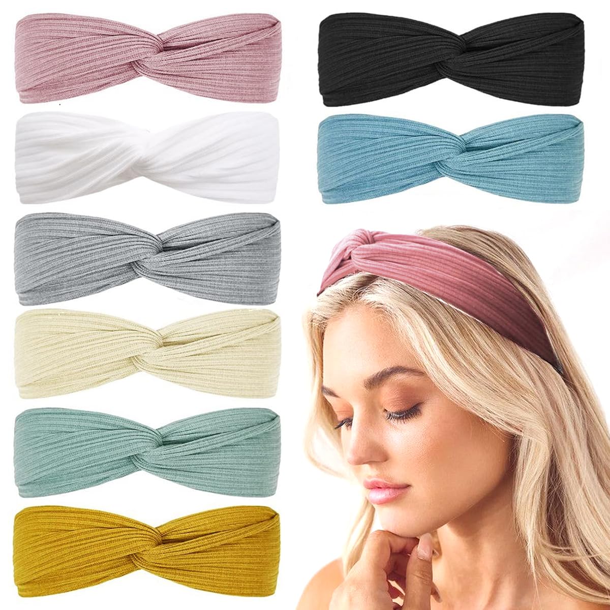 MAYCREATE Hair Band Set for Women with Stretchy Ribbed Knit Design 8pcs | Non Slip Boho Style