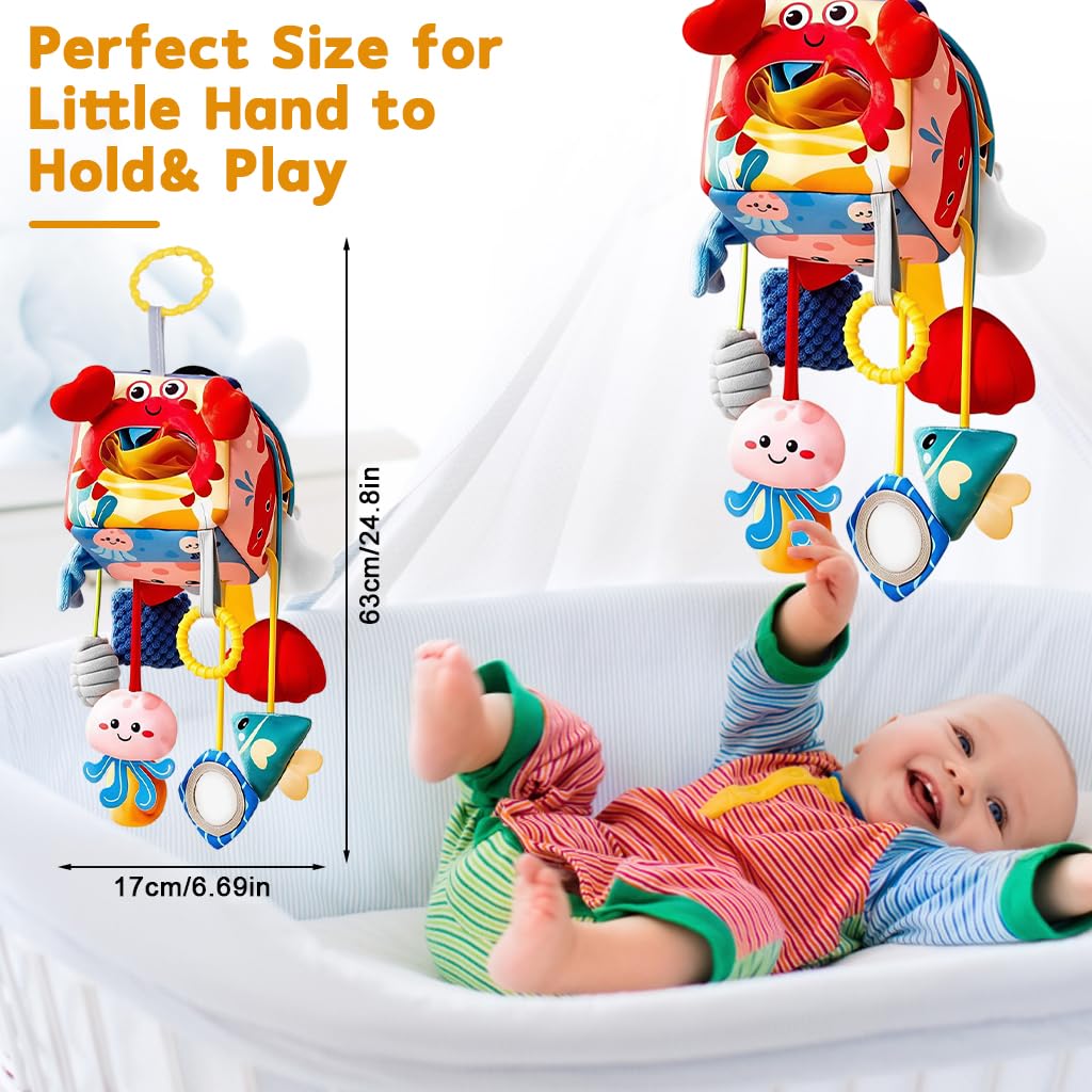 SNOWIE SOFT Baby Hanging Stroller Toy for Infants with Open Ring Clasp and Plush Fabric | Interactive Squeaky Pendants for Travel and Crib Play
