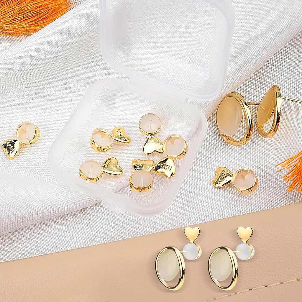 SANNIDHI Earring Supporter for Heavy Earrings featuring 6pcs Gold Heart Backs with Box | Comfortable Rubber Grip