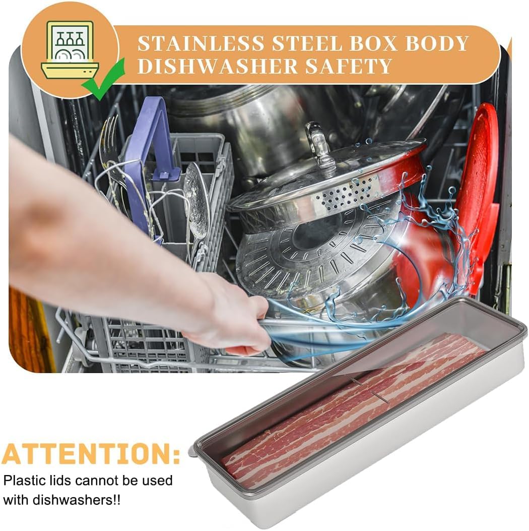 Supvox Stainless Steel Airtight Bacon Box for Meal Prep with Clear Lid 27x10x5cm