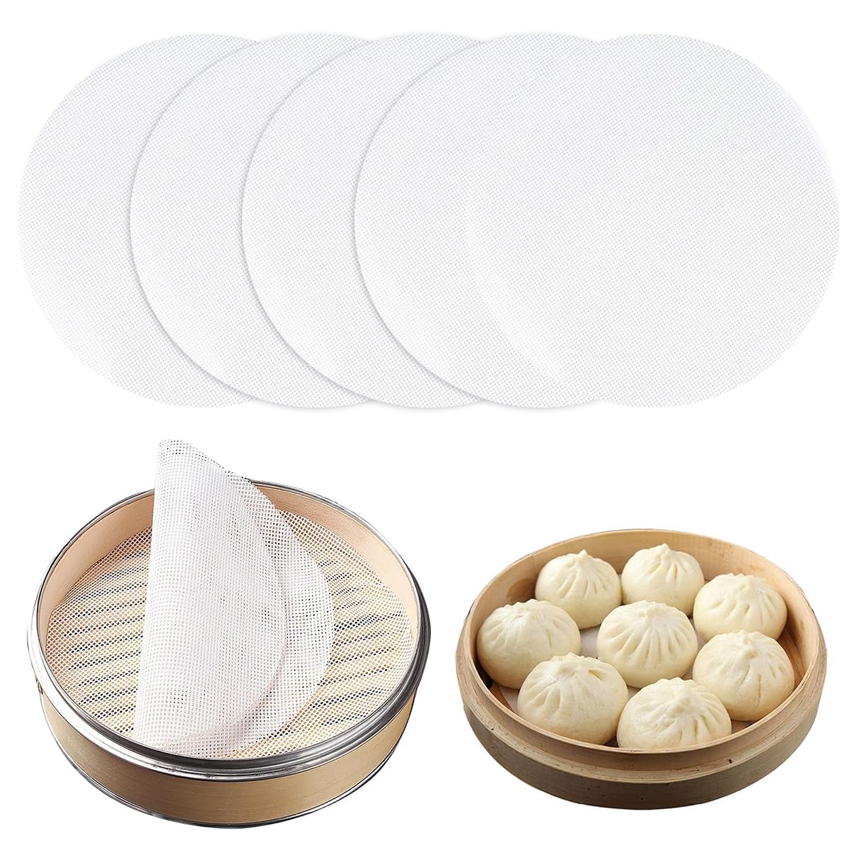 Supvox® 5Pcs Non stick Silicone Steamer Liners Mesh Mat Pad, Steamed Buns Dumplings Baking Pastry Dim Sum Mesh Mat Pad for Steamer, Airfryer, Reuseable