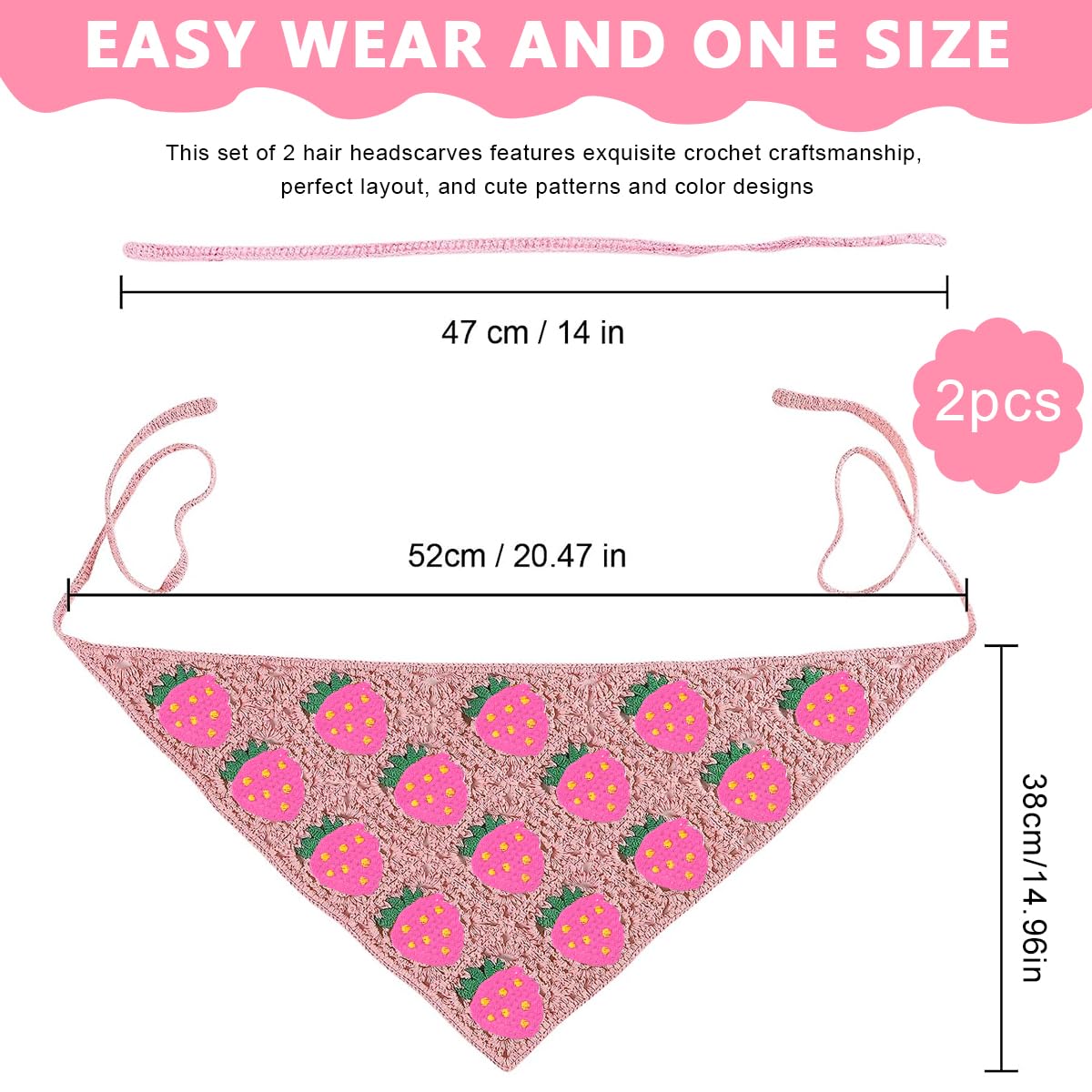 PALAY Crochet Headscarf for Women featuring Strawberry Pattern | 2 Pack 52×23 cm Vintage Style