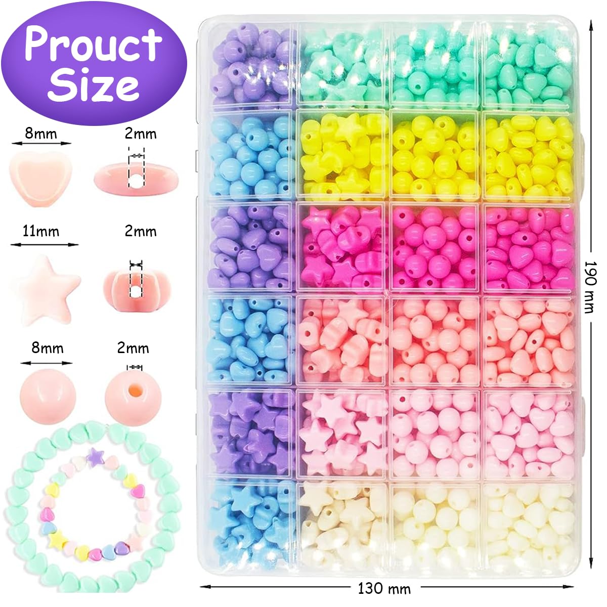 SANNIDHI Beads Set for Bracelet Making with 720 pcs Acrylic Heart Star Round Shapes | Kids DIY Jewelry Crafts