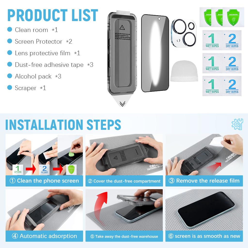 ZEITEL Privacy Screen Protector for iPhone 15 6.1 in with 9H Tempered Glass and Auto Alignment | 2 Step Bubble Free Installation