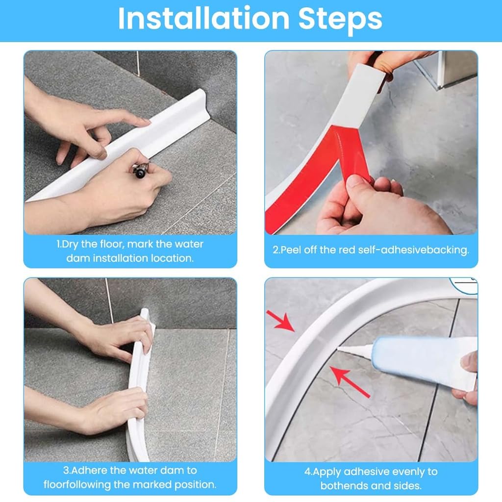 HASTHIP® 39 Inches Shower Threshold Bathroom Water Dam, ater Stopper for Bathroom Kitchen Slab Corner Threshold Water Dam Barrier Silicone Strip for Shower Floor Tiles, White