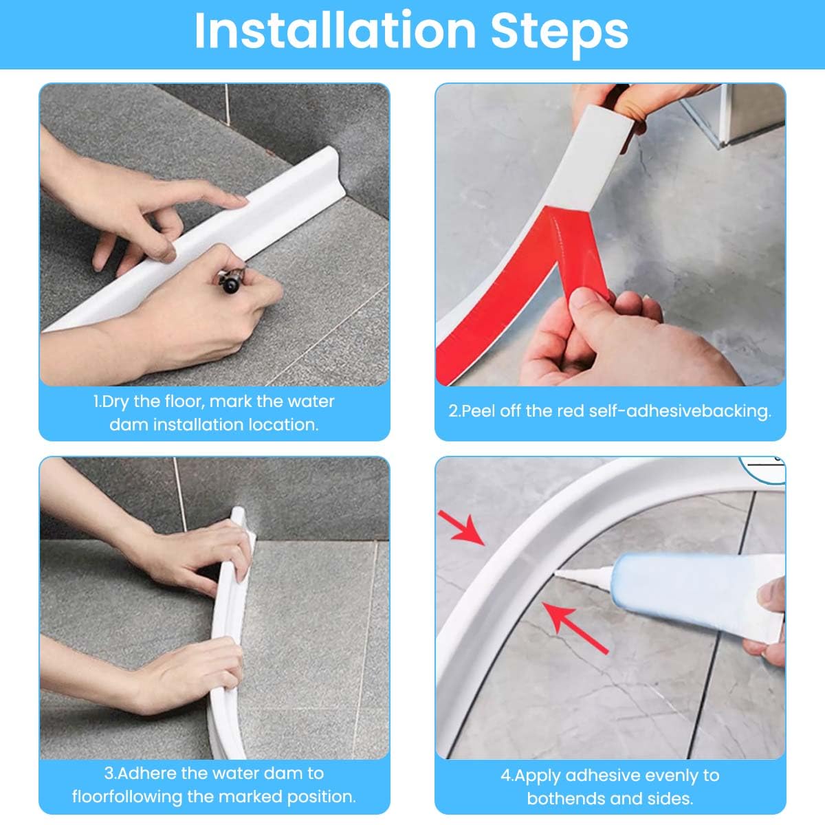 HASTHIP Shower Threshold Water Dam for Bathroom and Kitchen featuring 39 in Silicone Strip | Flexible White Barrier to Prevent Water Leaks