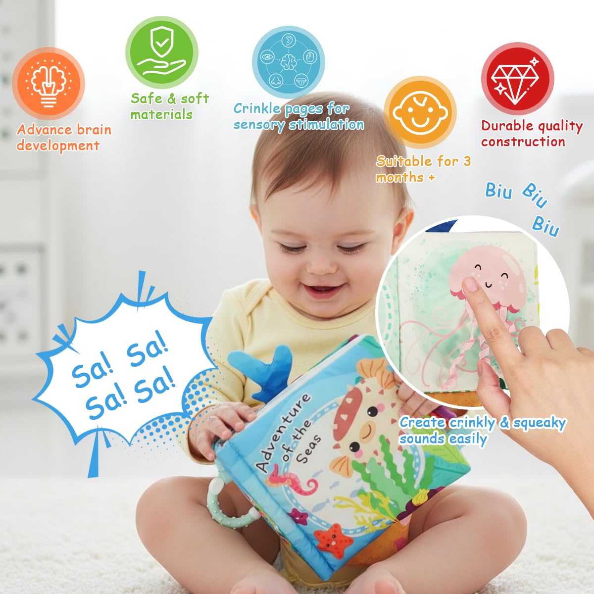 SNOWIE SOFT Cartoon Baby Cloth Book with 5 Double Sided Pages and Built In Squeaky Toy