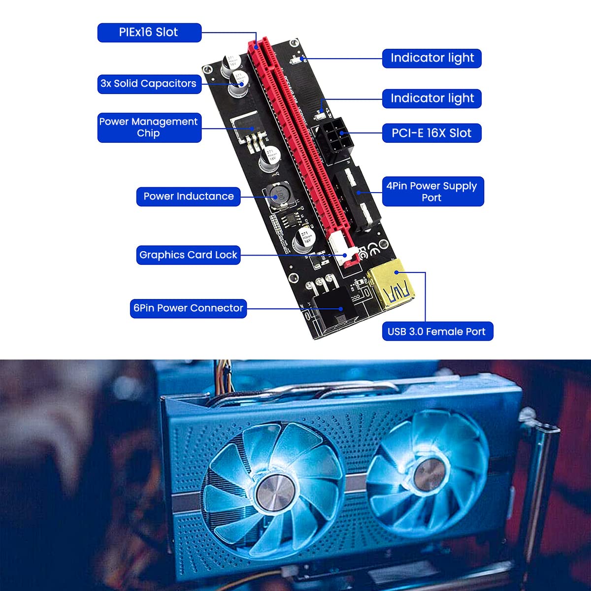 Verilux® Pi+ VER009S Gold PCI-E 6Pin 1X to 16X Powered Pcie Riser Adapter Card & USB 3.0 Graphic Extension Cable GPU Riser Adapter-Mining Bitcoin, Ethereum ETH Zcash ZEC Monero XMR (VER009S 2 Pack)