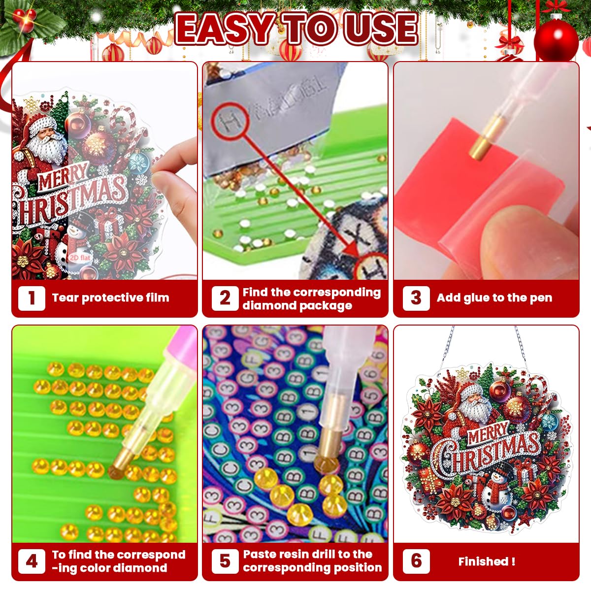 HASTHIP Diamond Art Christmas Door Sign for Festive Decor with Santa Claus 19x19cm | Sparkling Hanging Ornament Gift