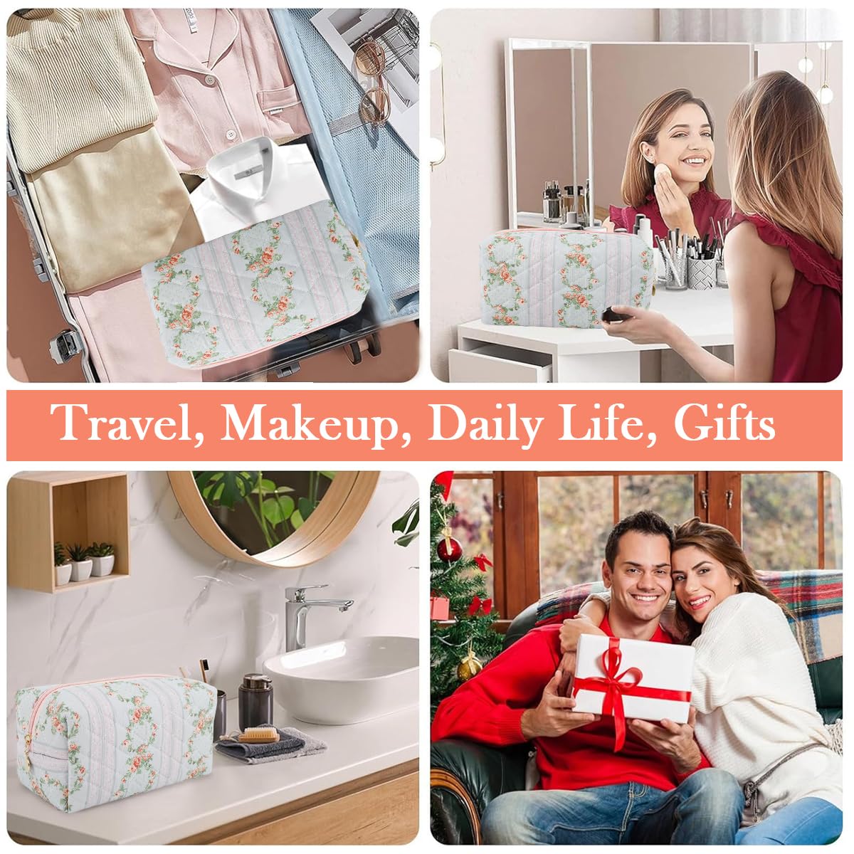 MAYCREATE Makeup Pouch Bag for Travel and Daily Use with Zipper Closure 20.5x9x9.5cm | Soft Floral Organizer for Women