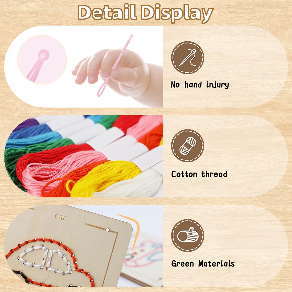 HASTHIP Montessori Wooden Lacing Toys for Fine Motor Development with 4 Boards and 10 Yarns | Educational Sewing Kit for Kids Ages 2–7