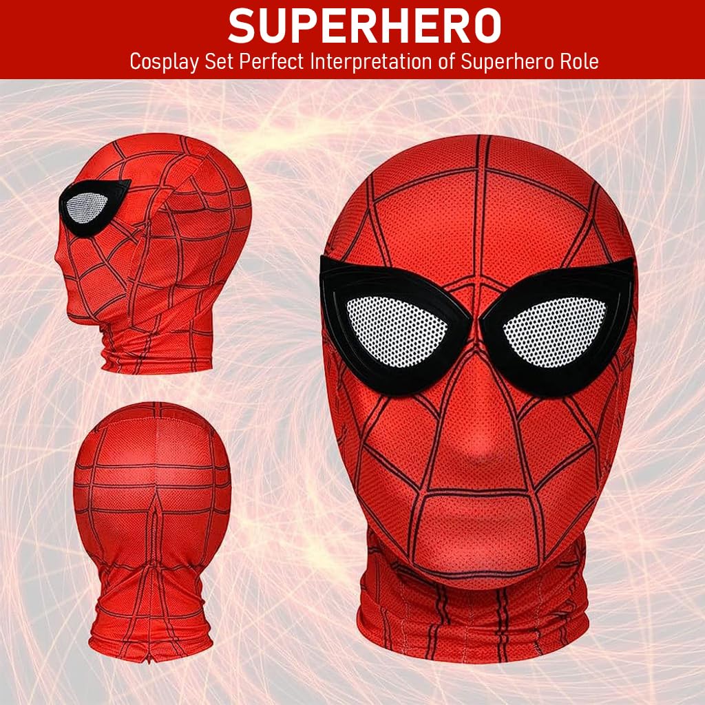 FANCYKU® 3D Spider-Man Mask and Gloves Gift, Spiderman Masks Spider Man Cosplay Costumes Superhero Lenses for Adult Kids, Role Play Superhero Masks for Halloween Masquerade Cosplay (Red)