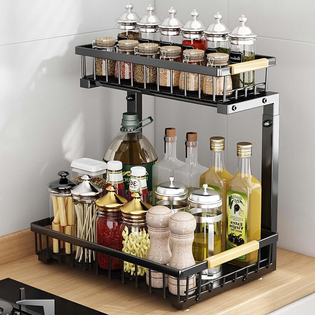 Supvox Kitchen Organizer Rack for Countertop and Under Sink Storage featuring 42–49cm Adjustable Double Layer Carbon Steel Stand