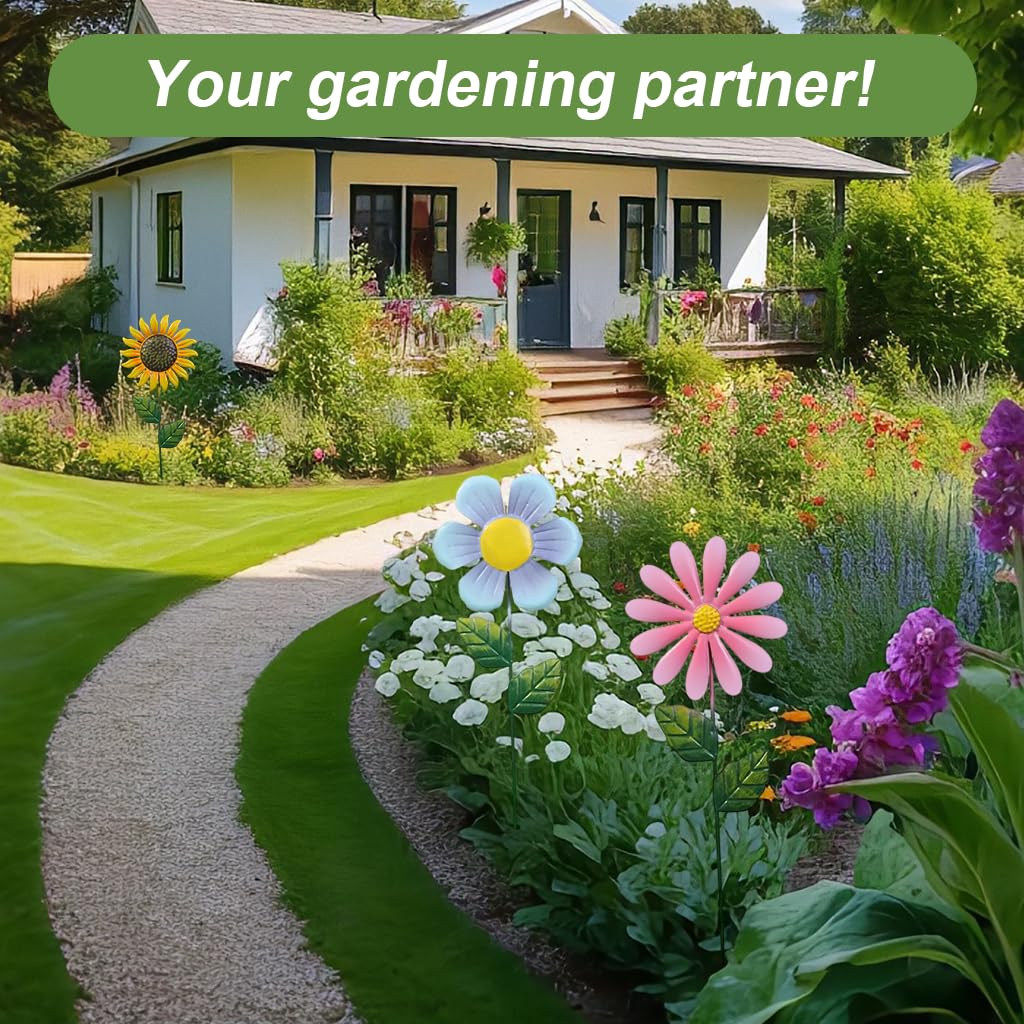 HASTHIP Flower Garden Stakes for Outdoor Decor featuring 18.9 in Metal Daisy Sunflower Set