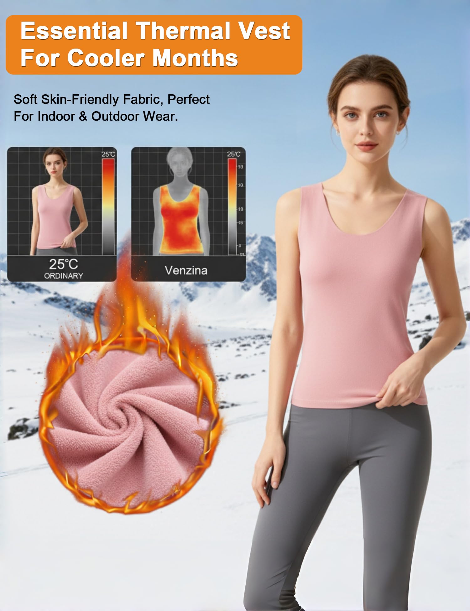 Venzina Women's Seamless Thermal Vest for Winter Layering with Double-Sided Fleece | Pink