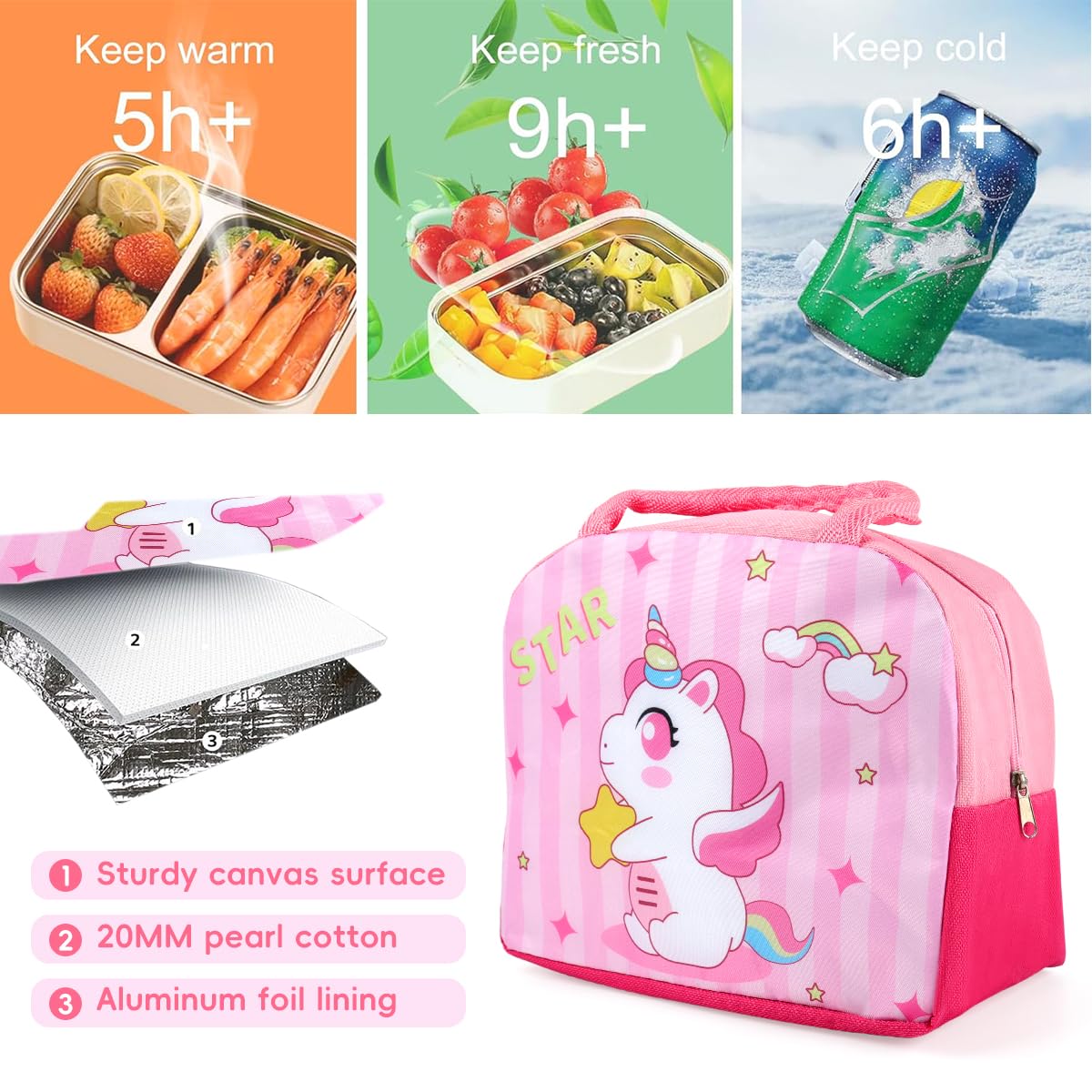 HASTHIP Lunch Bag for School and Office with Insulated Liner and Zipper | 21x12x18cm Portable Food Pouch