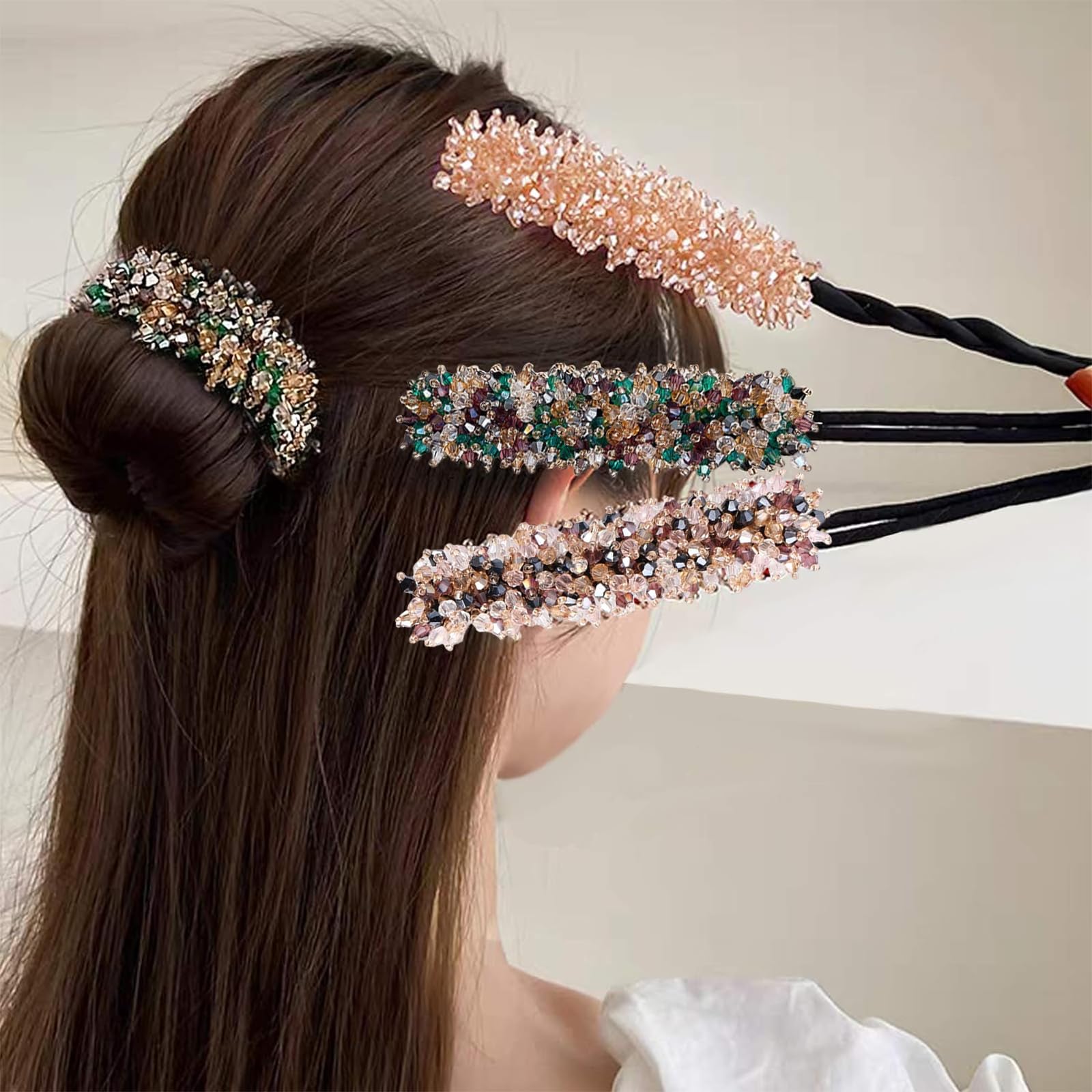 Venzina Hair Bun Maker for Effortless French Hairstyles featuring Flexible Wire Core | 3 Pcs Rhinestone Accessories for Women