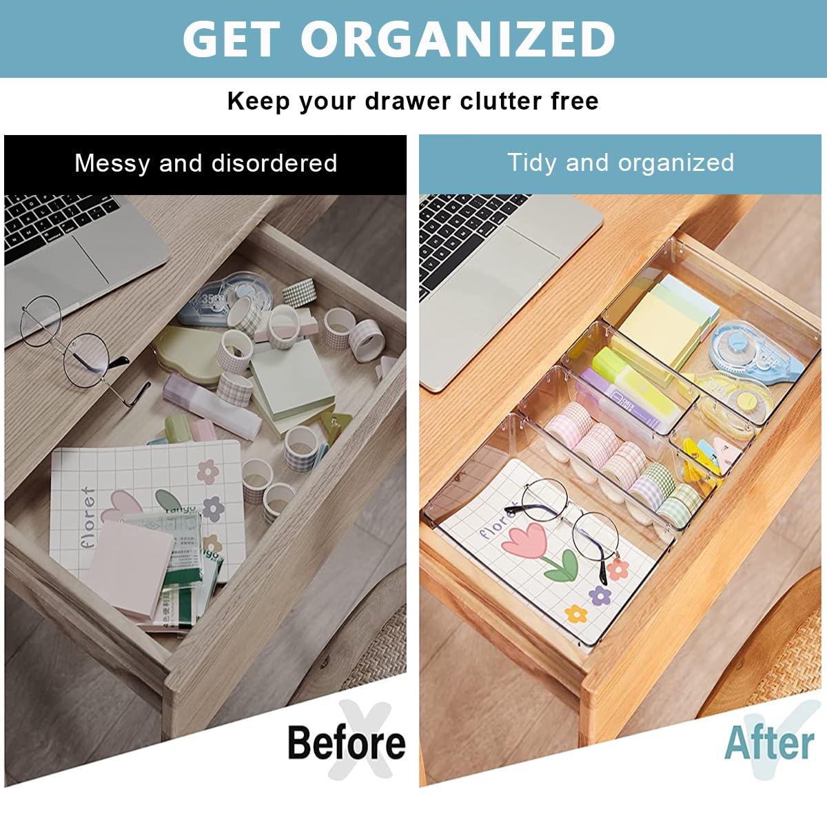HASTHIP Plastic Drawer Organizer for Makeup and Office with 25 PCS Stackable PET Trays | Clear Non Slip Design