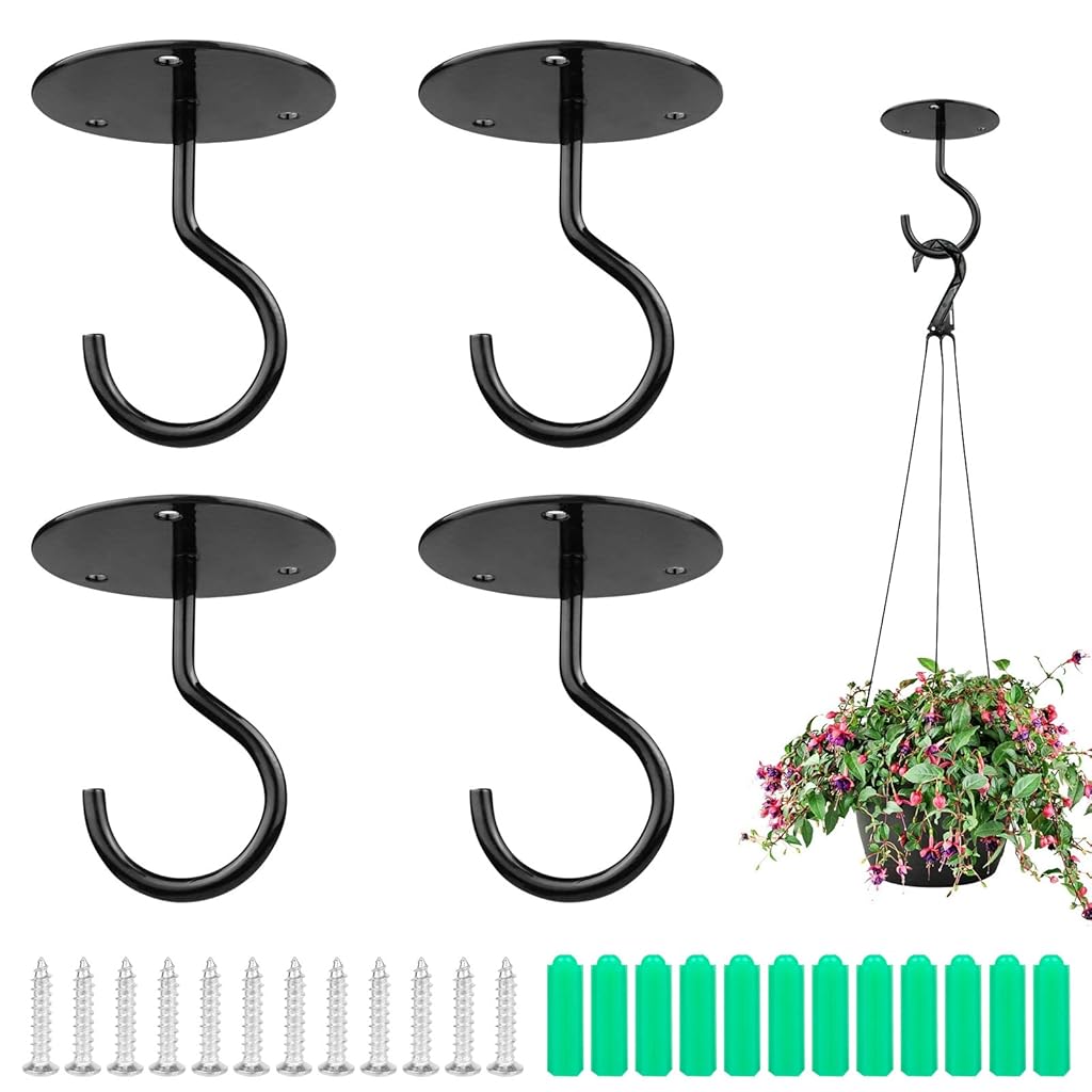 Serplex® 4pcs Metal Ceiling Hook for Hanging Flower Pot and Plant Pot Wall Mounted Hook for Hanging Plant Baskets/String Lights in Balcony,Porch, Wall Hook with Screws (Black)