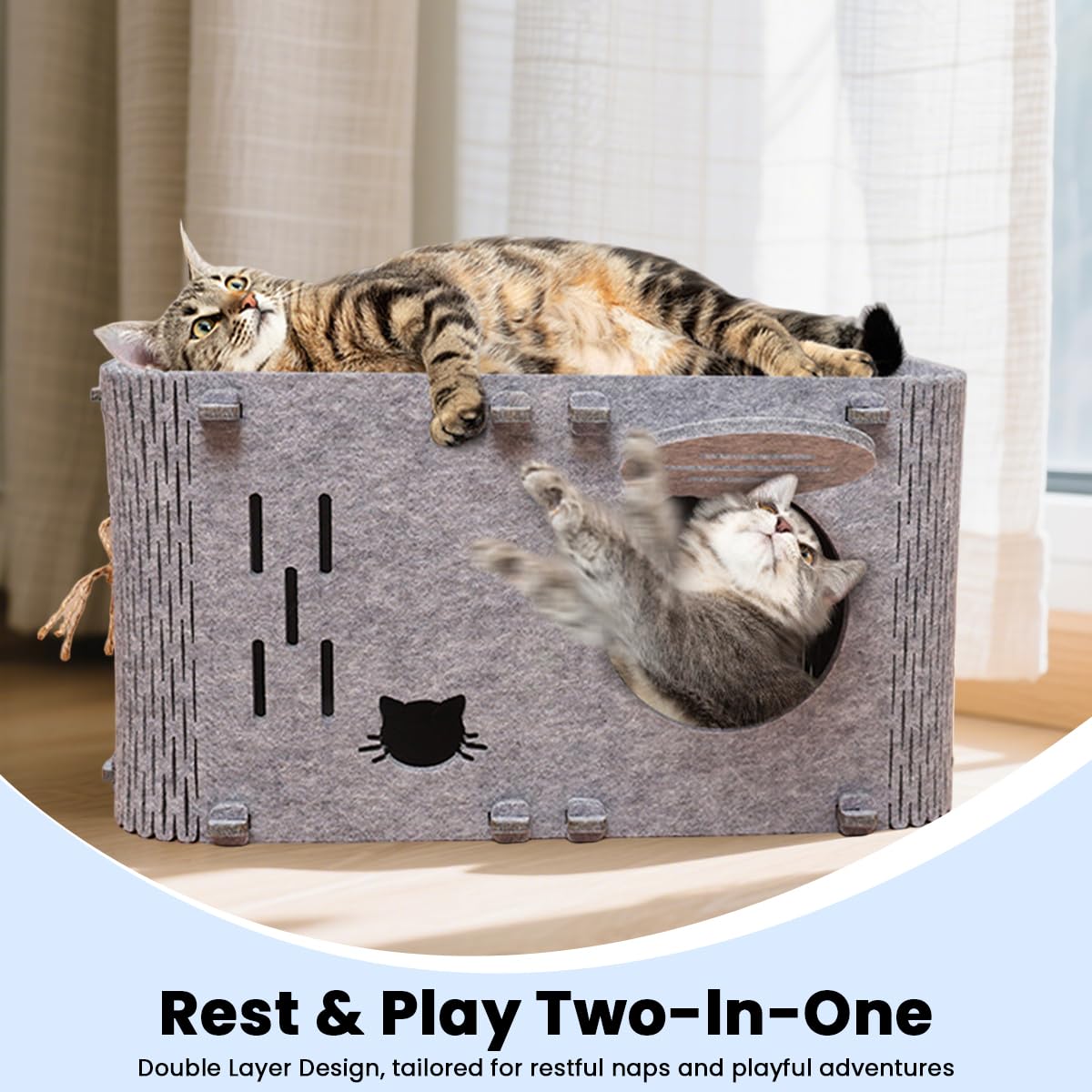 Qpets Cat Hiding Cave for Play and Rest featuring Open Hole Felt Design 60x35x30cm | DIY Assembly Scratcher Box