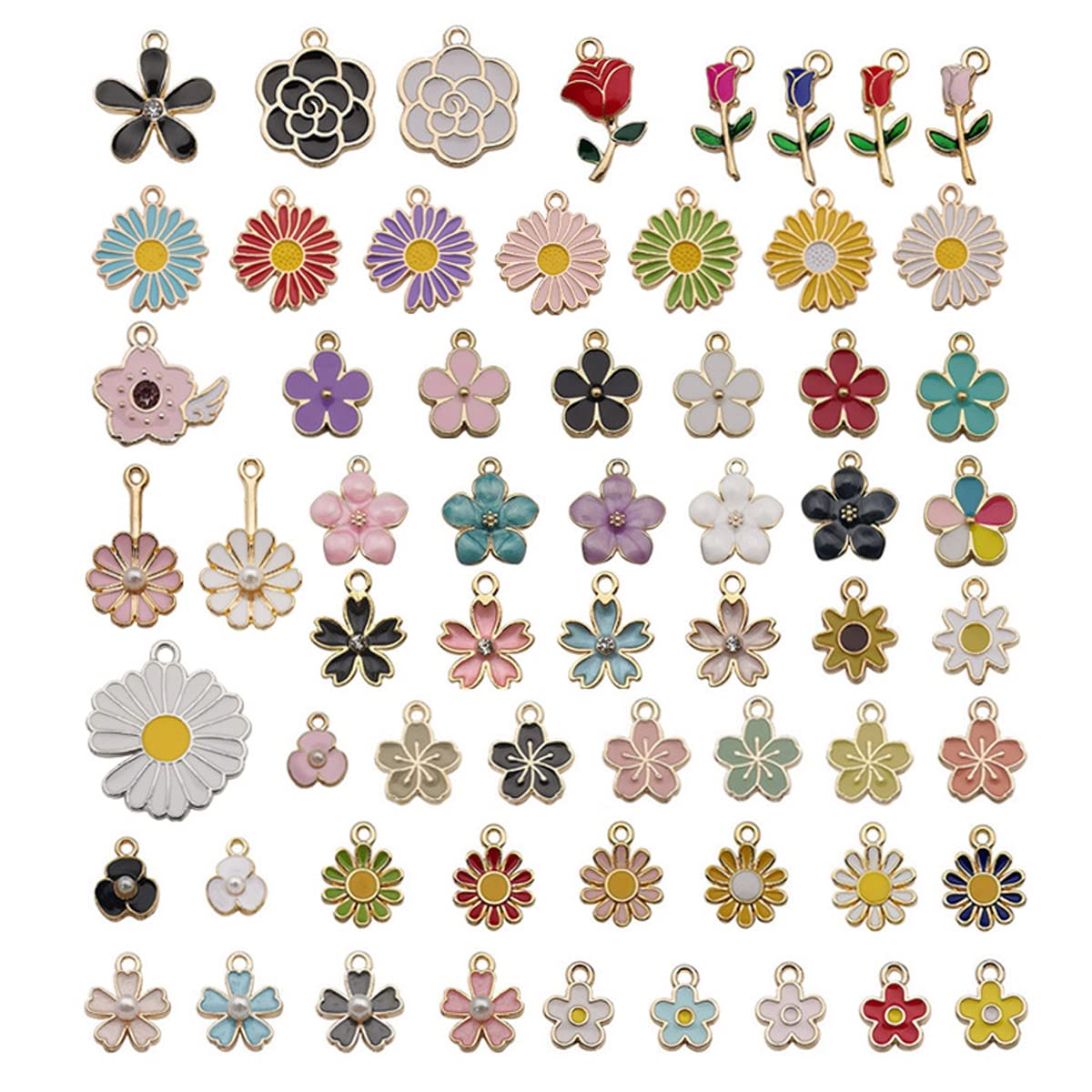 HASTHIP® 60Pcs Floral Themed Assorted Gold Plated Enamel Pendants Charms for Bracelet, Earring, Necklace, Keychain DIY Jewelry Accessories