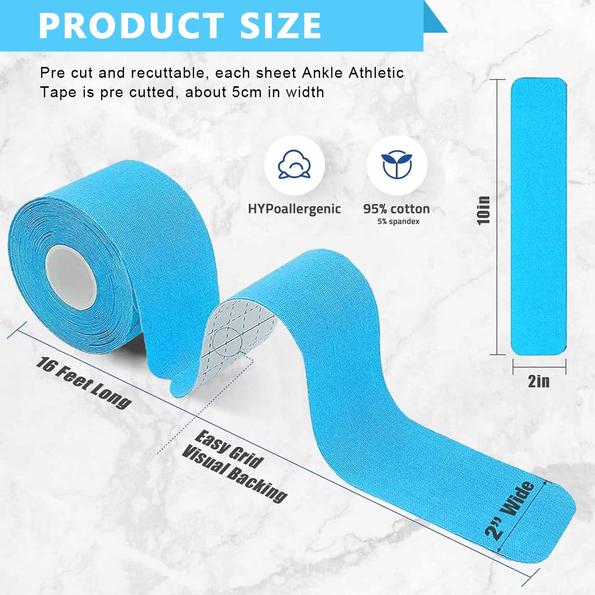 HANNEA Kinesiology Tape for Pain Relief and Sports Support featuring Waterproof Breathable Cotton 5cm x 5m Blue