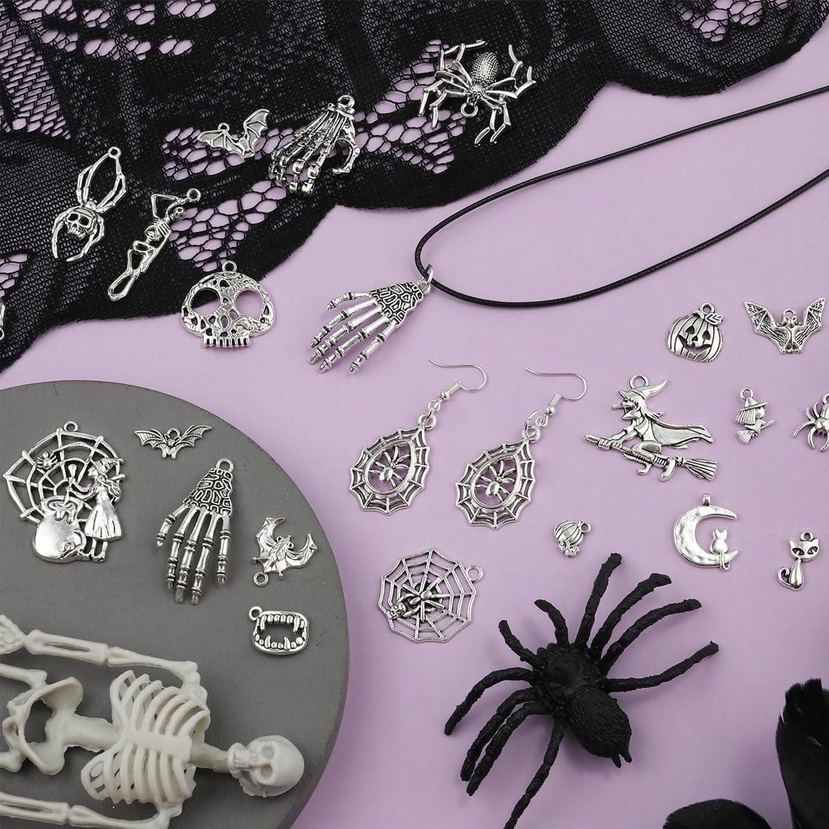 SANNIDHI Charms for Jewellery Making featuring 80pcs Alloy Silver Halloween Pendants | DIY Necklace and Bracelet Kit