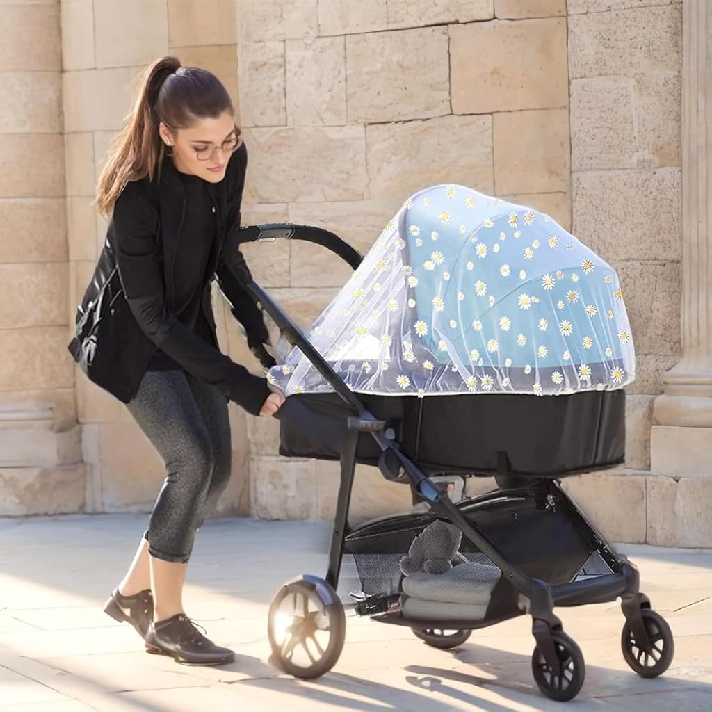 SNOWIE SOFT Mosquito Net for Stroller, Stretchy Breathable Bassinets Stroller Mosquito Net, 1.5m Elastic Diameter Protective Mosquito Net Outdoor Fine Mesh Embroidery Daisy Flower Mosquito Net