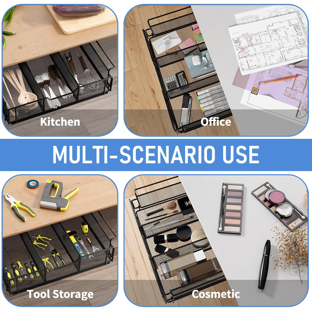 Zibuyu Under Desk Organizer for Office with Screw-Fixed Mesh Drawers 14.3 x 9.5 x 3.3 in | Space-Saving Storage Unit