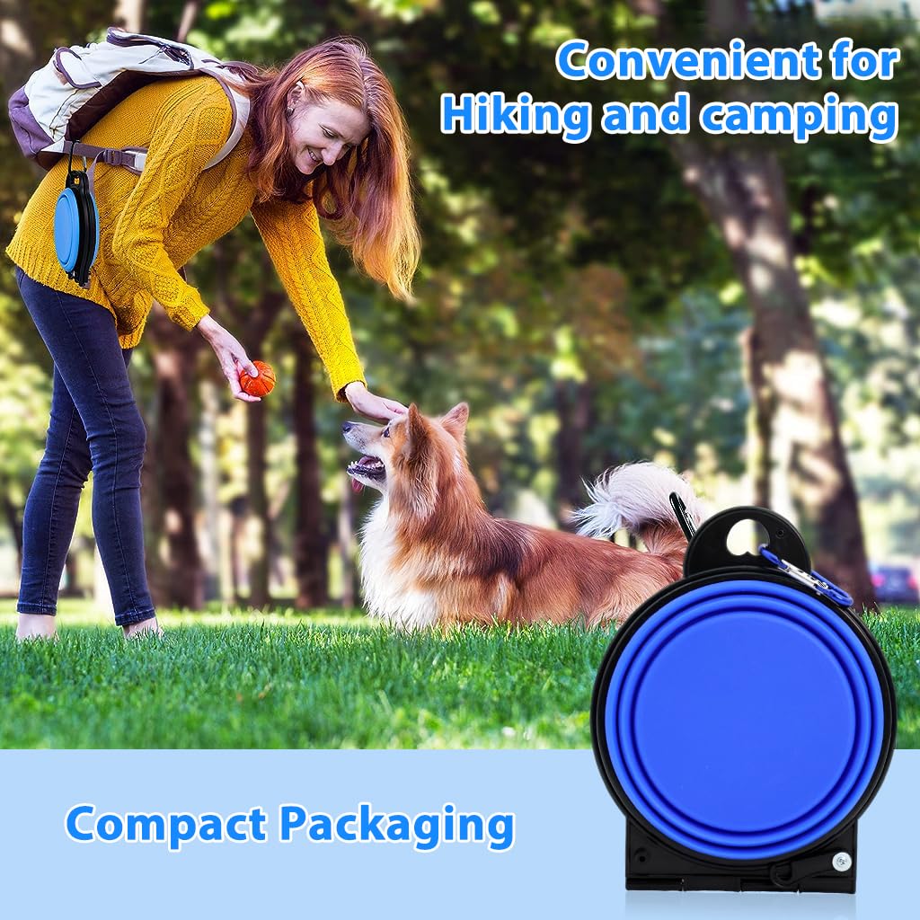 Qpets® Dog Bowl Outdoor Folding Dog Bowl 2 in 1 Dog Feeding Bowl Food Bowl Water Bowl for Travel, Hiking Food Grade Silicone Material Convenient Bifold Dog Car Food Bowl with Carabiner