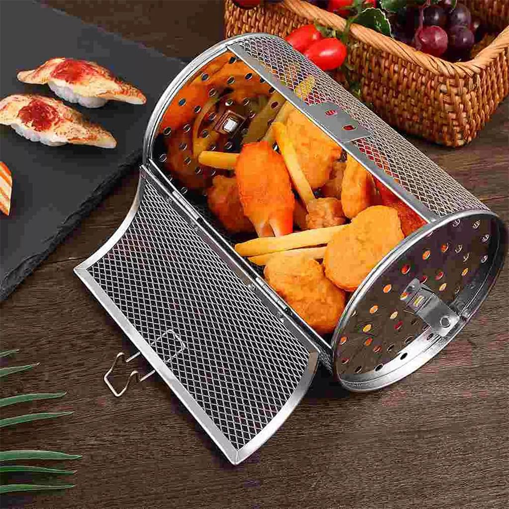 Supvox Stainless Steel Rotisserie Basket for Oven Grilling with Locking Clasp 23cm x12cm | Rotating Mesh Design for Even Cooking