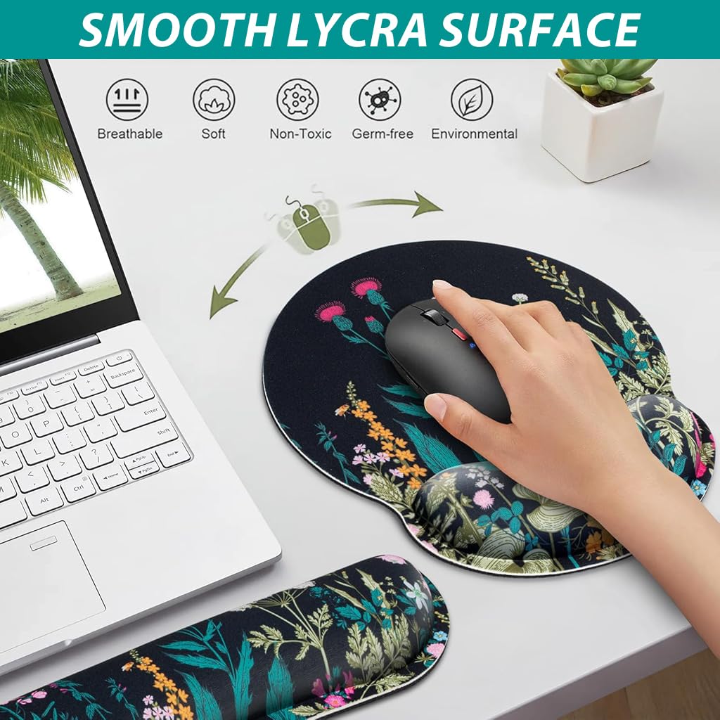 ZORBES Gaming Mouse Pad Set for Home and Office with Memory Foam Wrist Support | 3 Pcs Non Slip Base and Floral Print