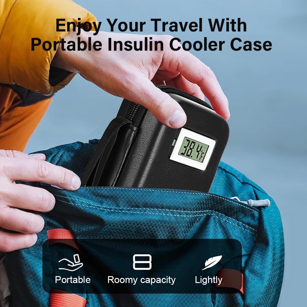 HANNEA Insulin Cooler Travel Case with Temperature Display and 2 Ice Packs for 4–6 Hours | Hard EVA Medicine Storage Box 10x21x6cm