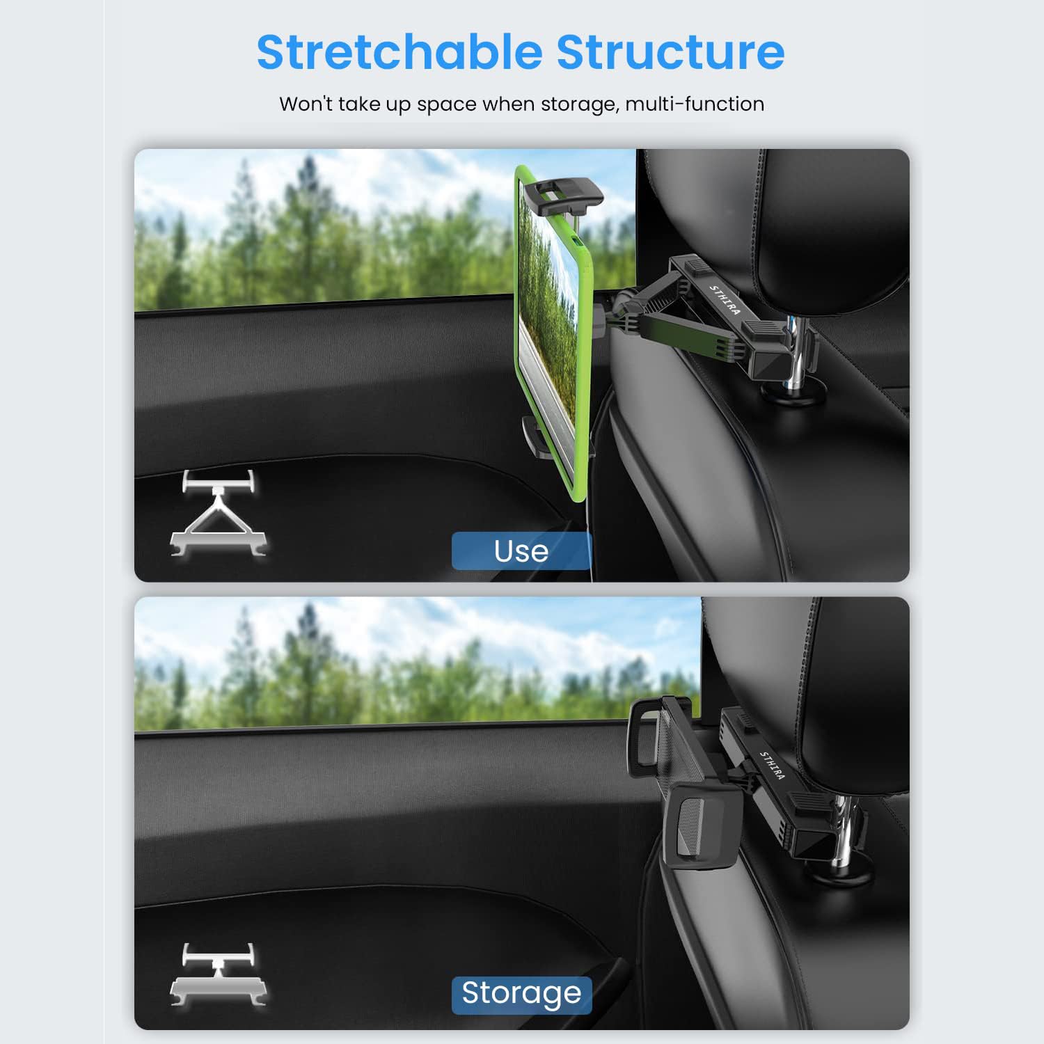 STHIRA Tablet Holder for Car with 360° Rotation and 13–20 cm Adjustable Arm | 3 PCS Aluminum Mount