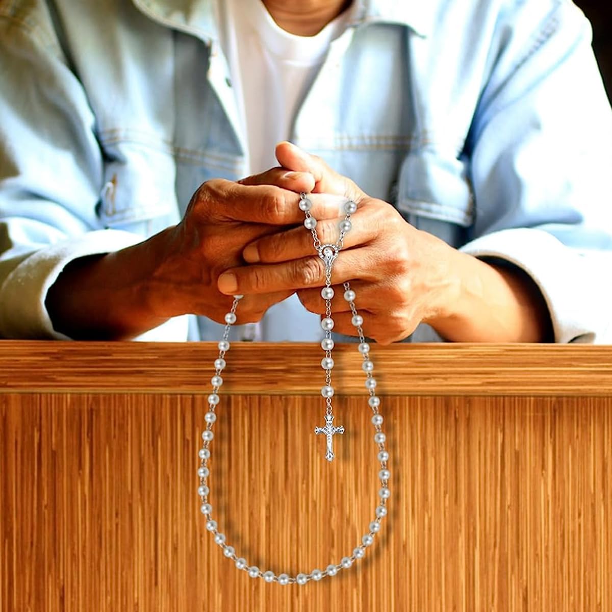 SANNIDHI Pearl Necklace Cross Pendant for Prayer with 8mm Rosary Beads | Catholic Gift