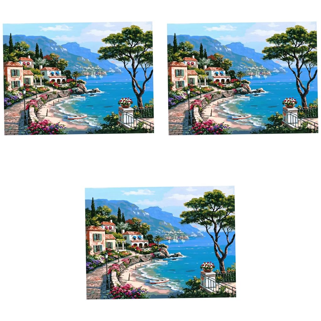 HASTHIP DIY Digital Painting by Numbers Kit for Home Décor with Linen Canvas 3 PCS | Mediterranean Style Art