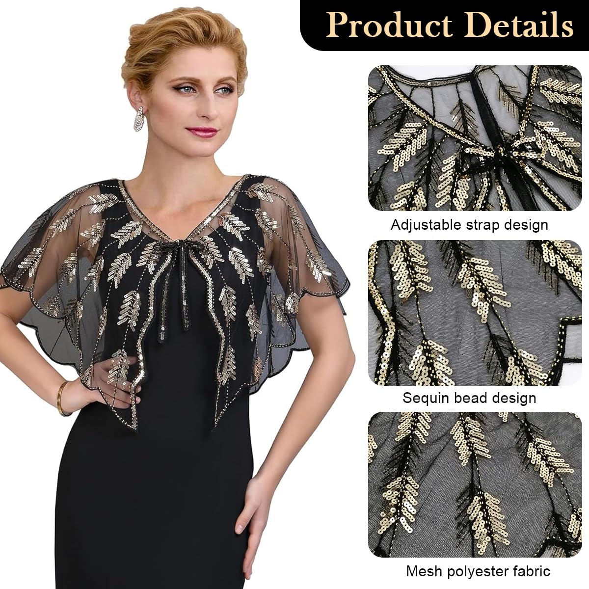 SANNIDHI Sheer Wrap Cape Shawl for Evening Gown featuring Gold Sequin Tie Up Design | Elegant Cover Up for Women