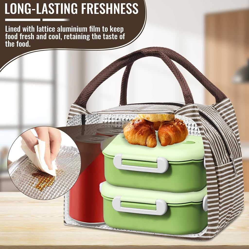 Zibuyu Insulated Lunch Bag for Office and School with Thermal Storage | Beige Stripe Oxford Tote for Women
