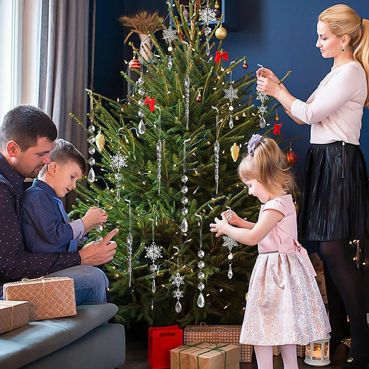 Venzina Crystal Acrylic Christmas Tree Ornaments for Holiday Décor with 10 Snowflake & Icicle Designs