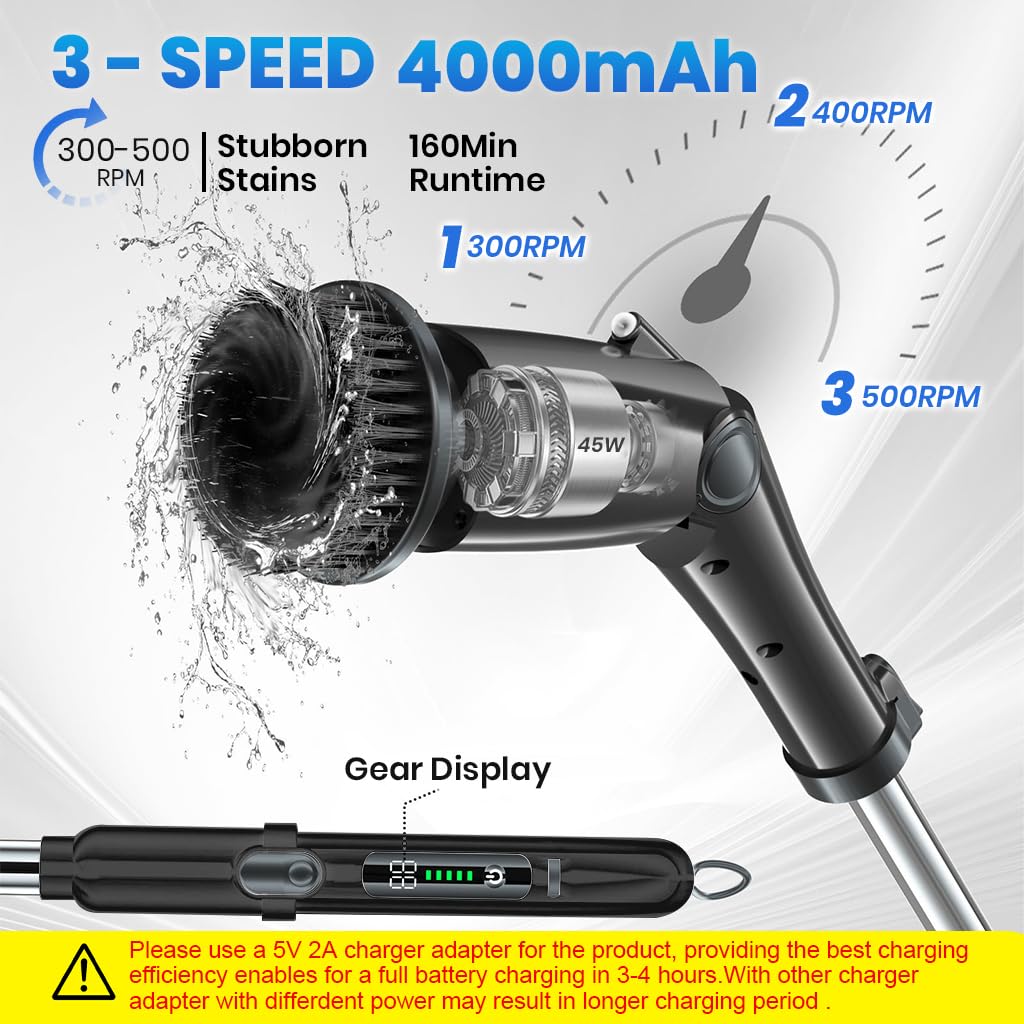 Supvox® Electric Scrubber Cordless Rechargeable Cleaning Scrubber 3-Speed Retractable Handheld Scrubber with Multiple Brush Heads & Scrubbing Pads Multifunctional Electric Scrubber for Home, Car