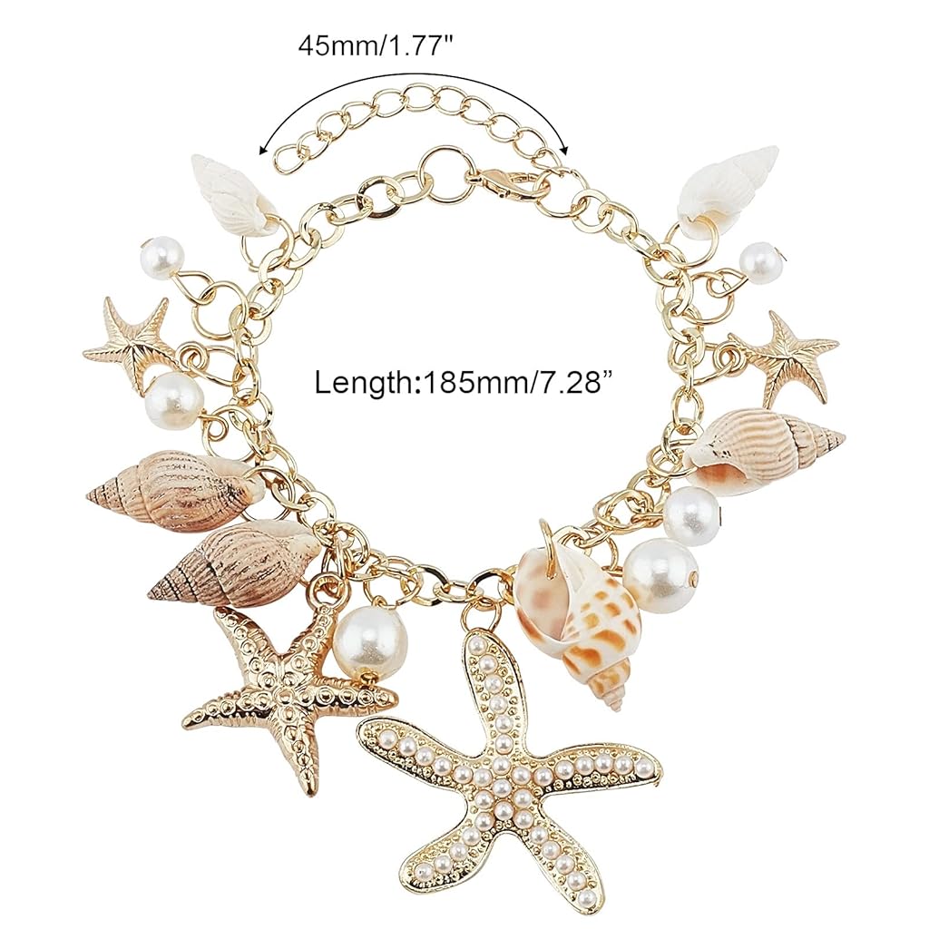 ZIBUYU® Bracelet for Women and Girls Seashell Exotic Boho Adjustable Chain Seashell Bracelet Accessories Starfish Conch Pearl Bracelet Shell Jewellery Birthday Gift for Women 1 Pcs X3