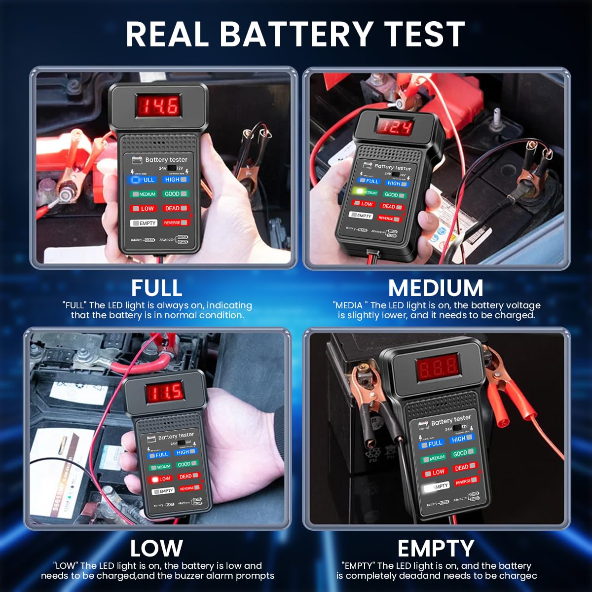 STHIRA Car Battery Tester for 12V and 24V Vehicles with LED Indicator and 4 Stage Generator Monitor