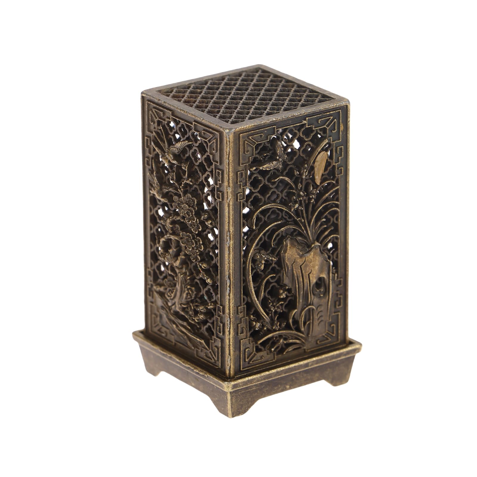 HASTHIP® Square Cylindrical Vertical Incense Burner Zinc Alloy Incense Holder Indoor Aromatherapy Home Ornament Creative Chinese Inense Burners-Antique Bronze