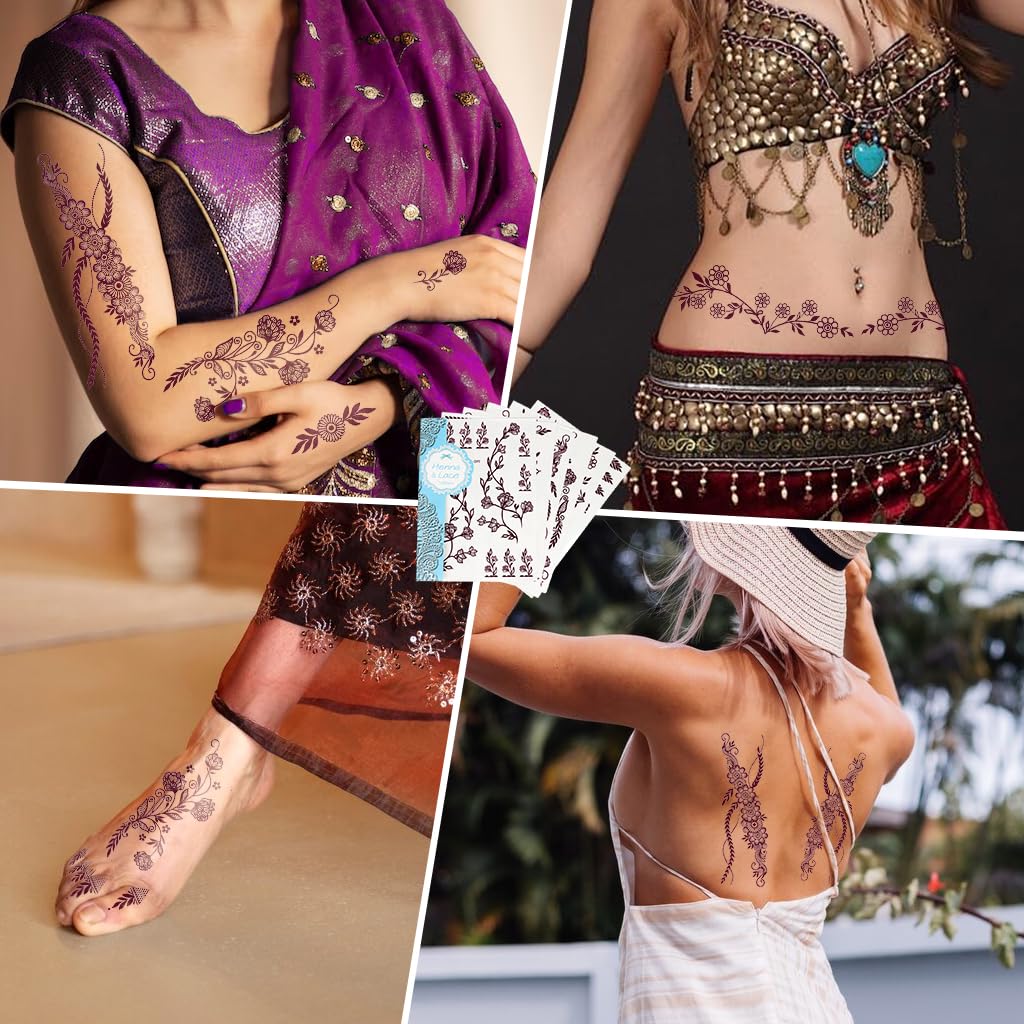 ZIBUYU Temporary Tattoo Stickers for Hands and Body with 6 Sheets Waterproof Design | Brown Lotus Mehndi for Women and Girls