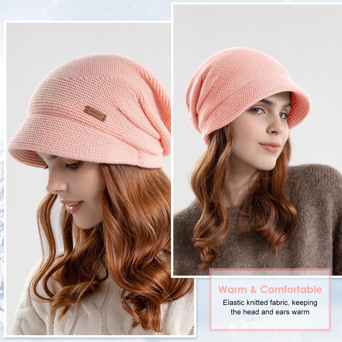 SANNIDHI Winter Cap for Women with Plush Lined Knit and Short Brim | Pink Slouchy Hat