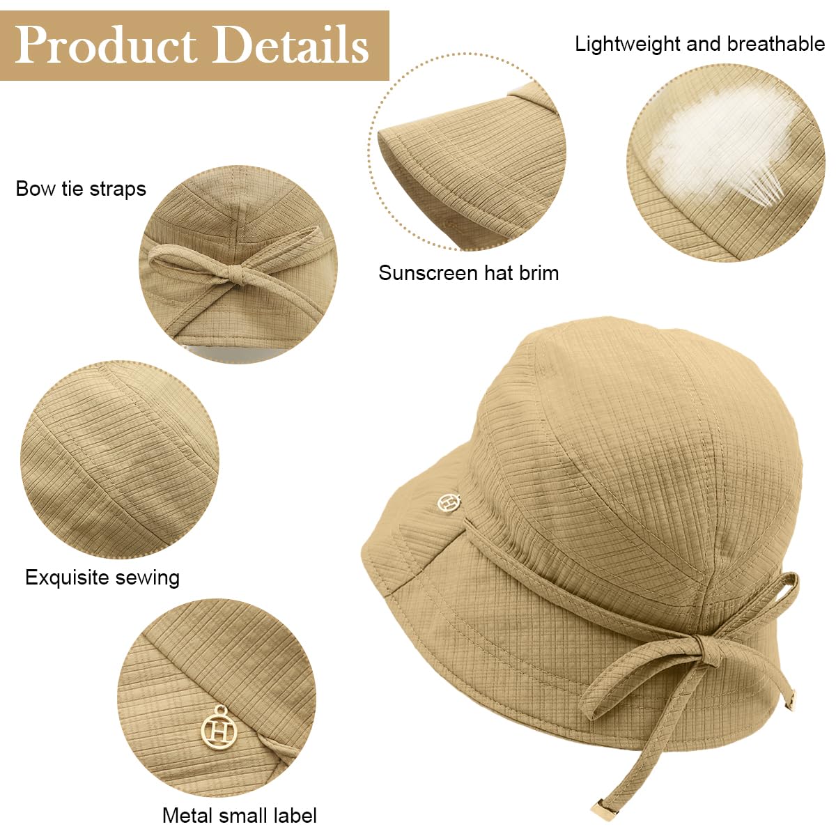 SANNIDHI Bucket Hat for Women featuring Wide Brim Sun Protection and Adjustable Tie‑Back | Khaki Summer Beach Hat with Chin Strap