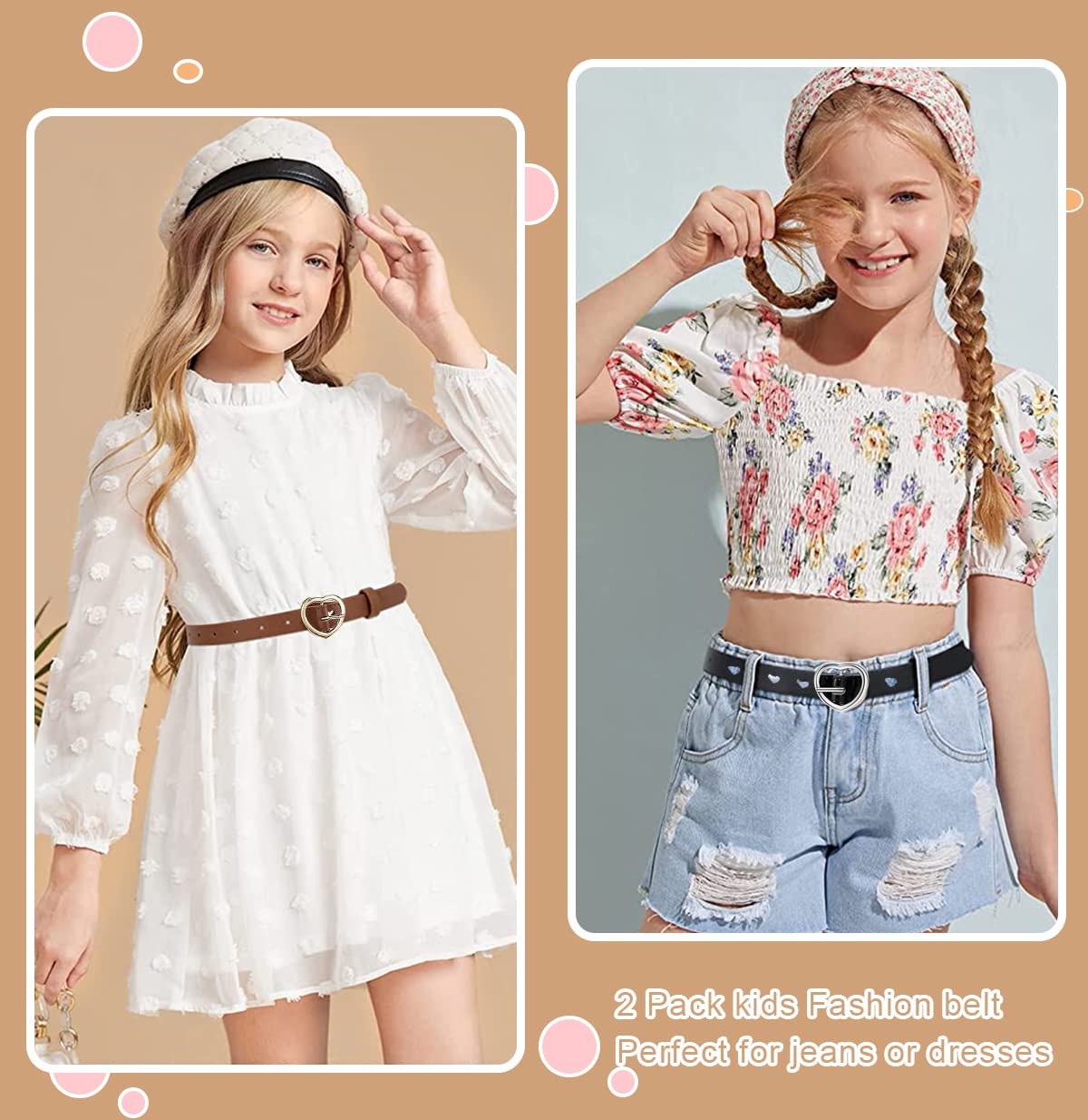 PALAY® Kids Belt for Girls 6-12, 2Pcs Fashion Girls Belt PU Leather Hollow Heart Metal Buckle Belt for Girl Jeans Dress Pants Gift (Black & Brown, Suit for Waist 26-30